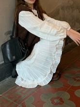 法式重工流苏系带花边连衣裙夏季女宽松长袖公主白色裙子