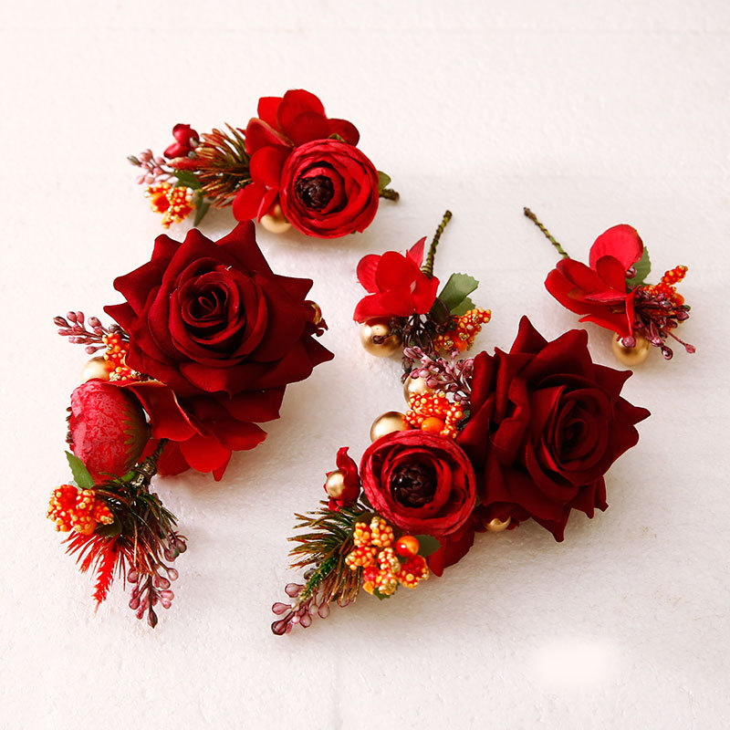 新娘古装头饰精致秀禾红色发饰丝绒玫瑰花发夹套装中式敬酒服婚饰