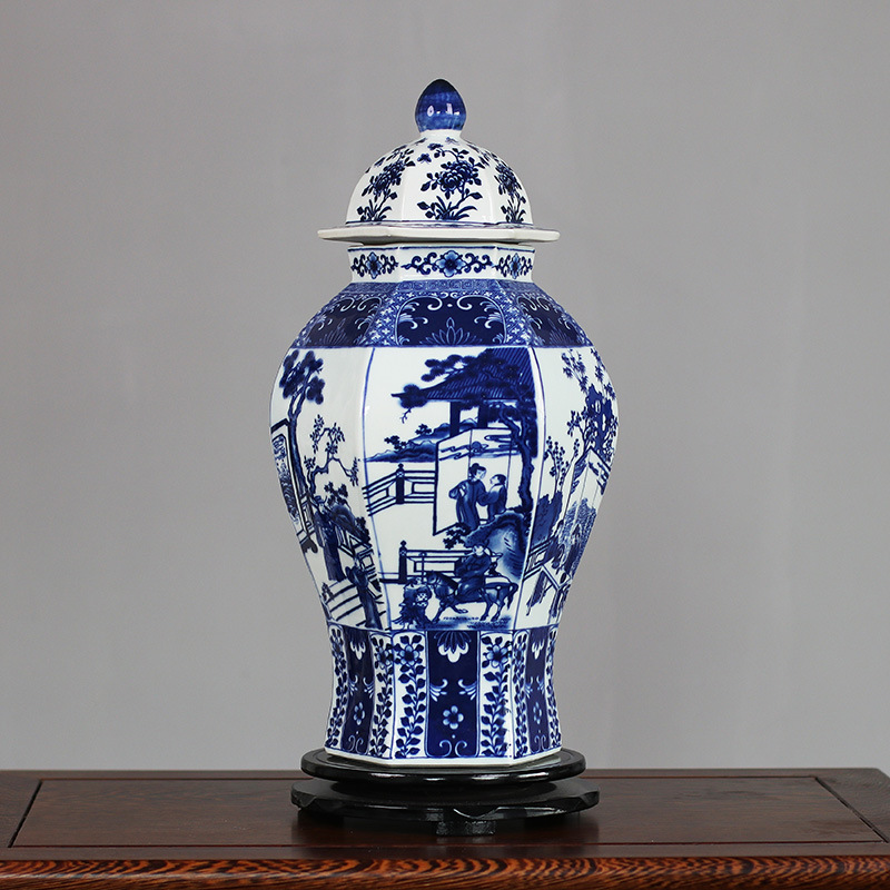 Jingdezhen Fake Antique Blue and White Ceramic Hat-Covered Jar Vase Blue-and-White Jar Retro Living Room Hallway Curio Shelf Decoration Decoration