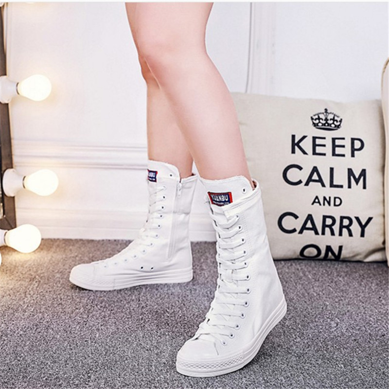 长筒款女帆布鞋春季中腰鞋子拉链大码高筒潮靴子平底百搭高帮休闲