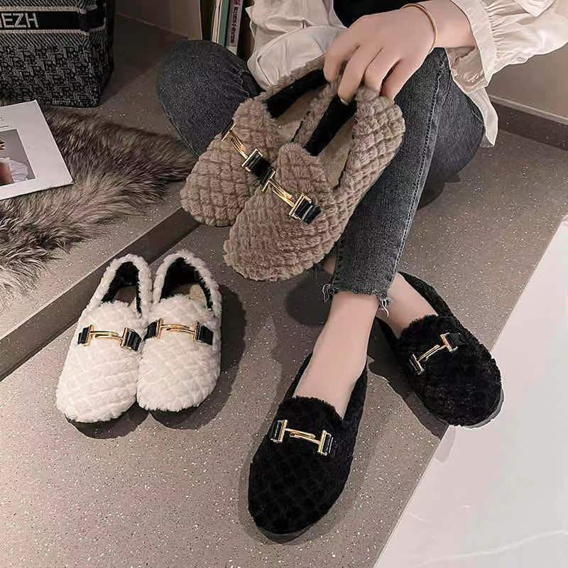 2021 New Autumn and Winter Women's Shoes Korean Style Popular Peas Shoes Flat Cotton Shoes Stylish Fur Shoes TikTok One Piece Dropshipping