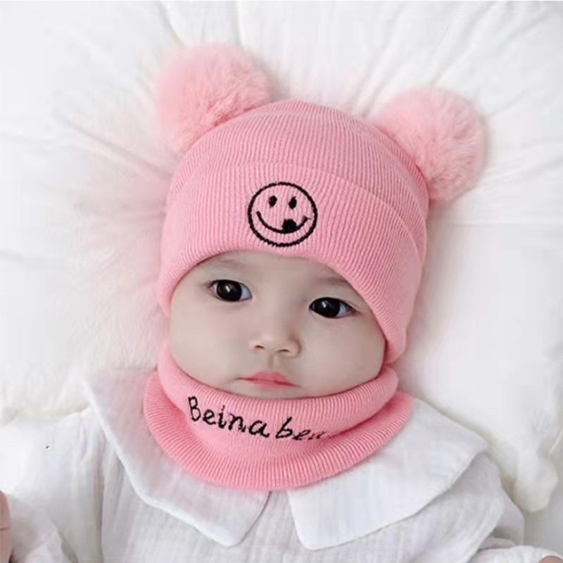 Winter Infant Knitted Hat Hat Scarf Two-Piece Set Unisex Baby Suit Bay Hat Smiley Face Hat Scarf