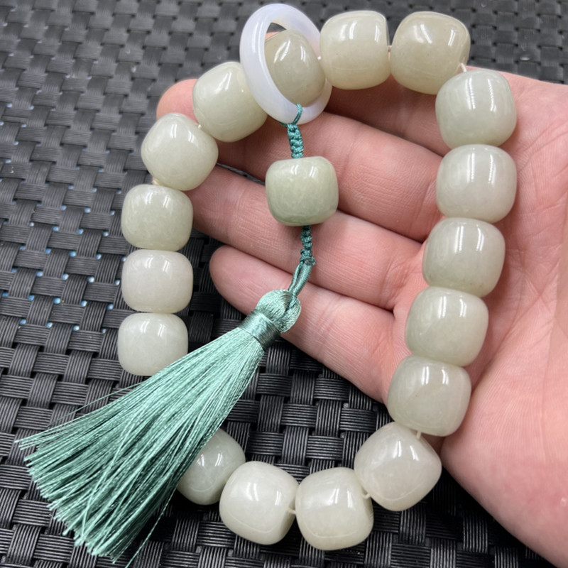 玉石佛珠佘太翠路路通手持佛珠石英岩玉手链翠绿色手把件手玩件