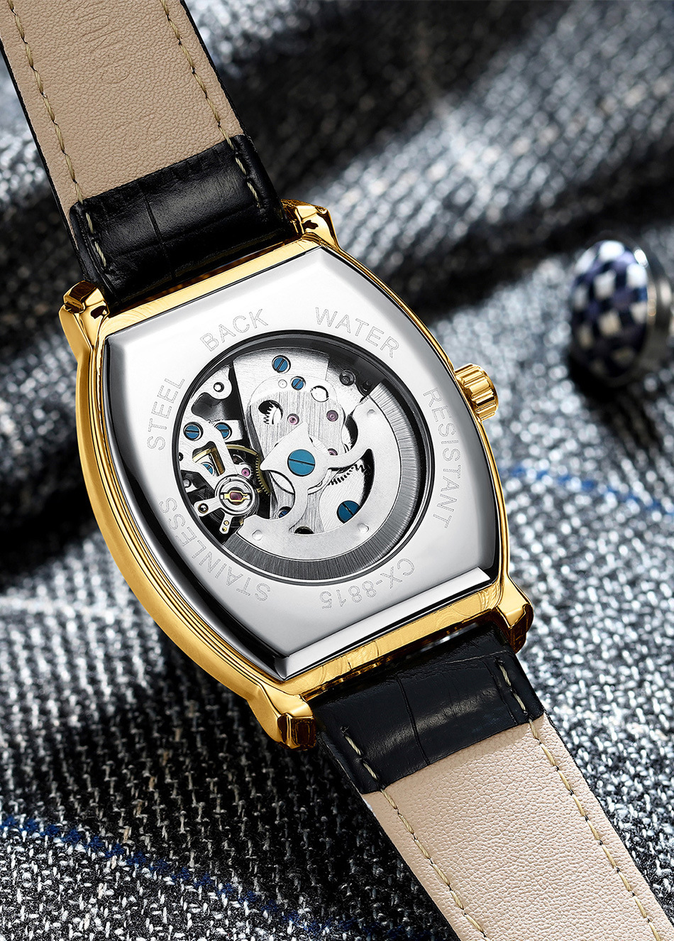 chenxi晨曦新款酒桶形全自动机械手表男士皮带镂空夜光防水8815b