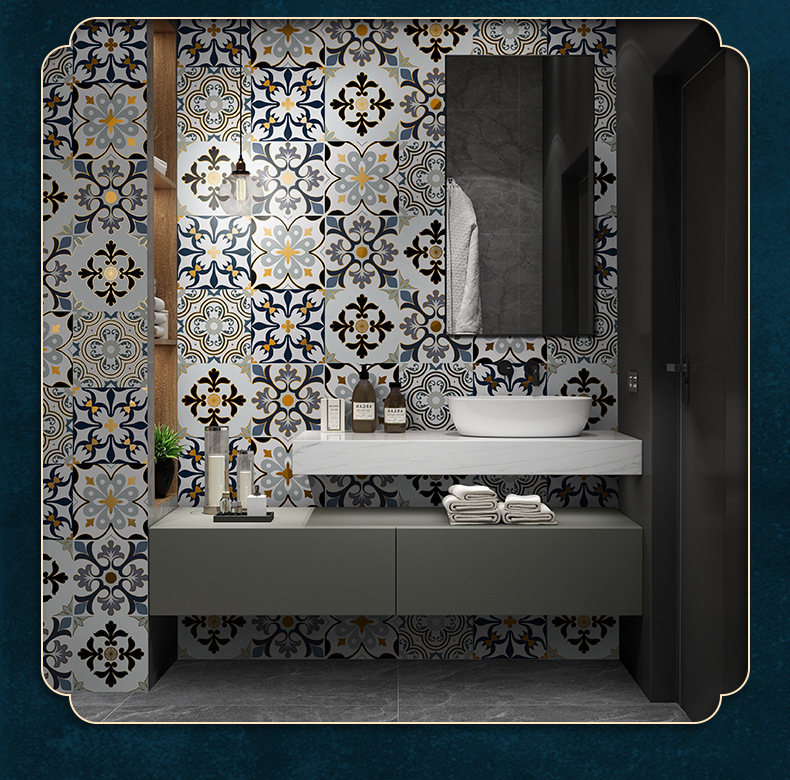 跨境新品方形镀金花砖贴自粘瓷砖贴复古磨砂花砖防滑耐磨墙贴地贴