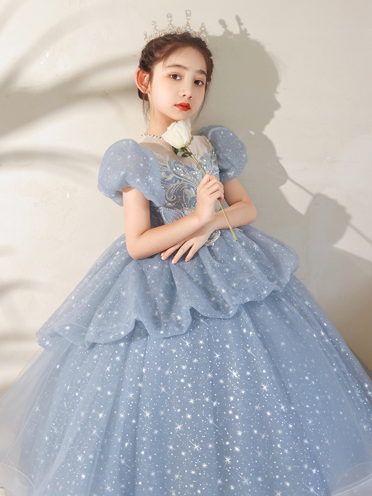 Children's Dress Blue Princess Dress 2024 New Fashion Temperament Host Catwalk Performance Costumes French Entry Lux Female