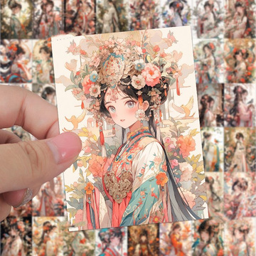 60张古风人物贴纸中国风古装美少女国潮装饰手帐行李箱防水贴画.