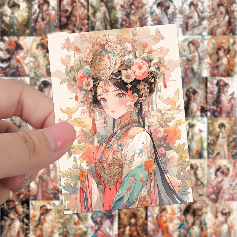 60张古风人物贴纸中国风古装美少女国潮装饰手帐行李箱防水贴画.