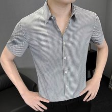 格子男士衬衫修身韩版薄款短袖感弹力新款夏季男衬衣大气简约