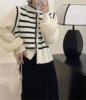 goods in stock 2023 new pattern French knitting jacket lovely puff sleeve Korean Edition black and white stripe Mosaic sweater