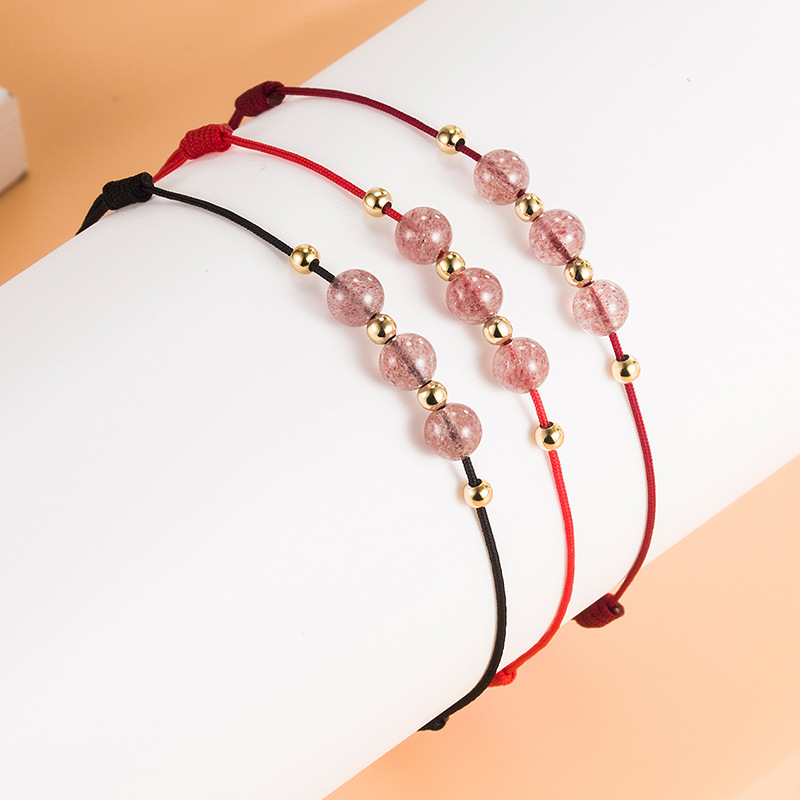 草莓晶手链旺招桃花编织红绳脚链女小众设计手绳本命年粉水晶