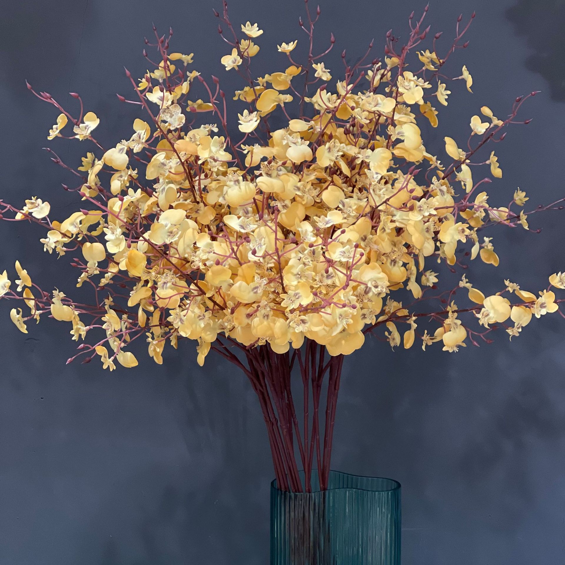 仿真插花3叉南方带叶跳舞兰文心兰蝴蝶兰迎春花假花干花婚庆摆件