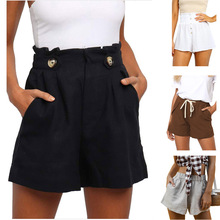 亚马逊 2021欧美女装 夏季短款褶皱口袋a字弹力系带高腰新款短裤