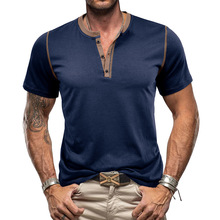 2024夏季新款跨境亚马逊男装纯色短袖亨利衫 外贸美式t恤现货批发