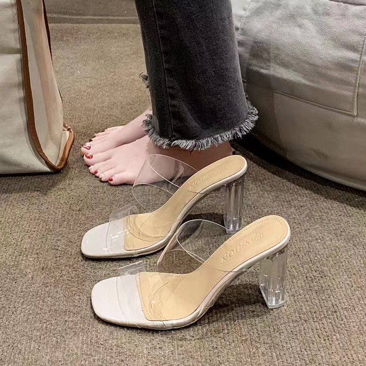 Summer 2023 New Transparent High Heels Sandals Women's Mid Heel Chunky Heel Crystal Fairy Style Sandals Women's Outer Wear