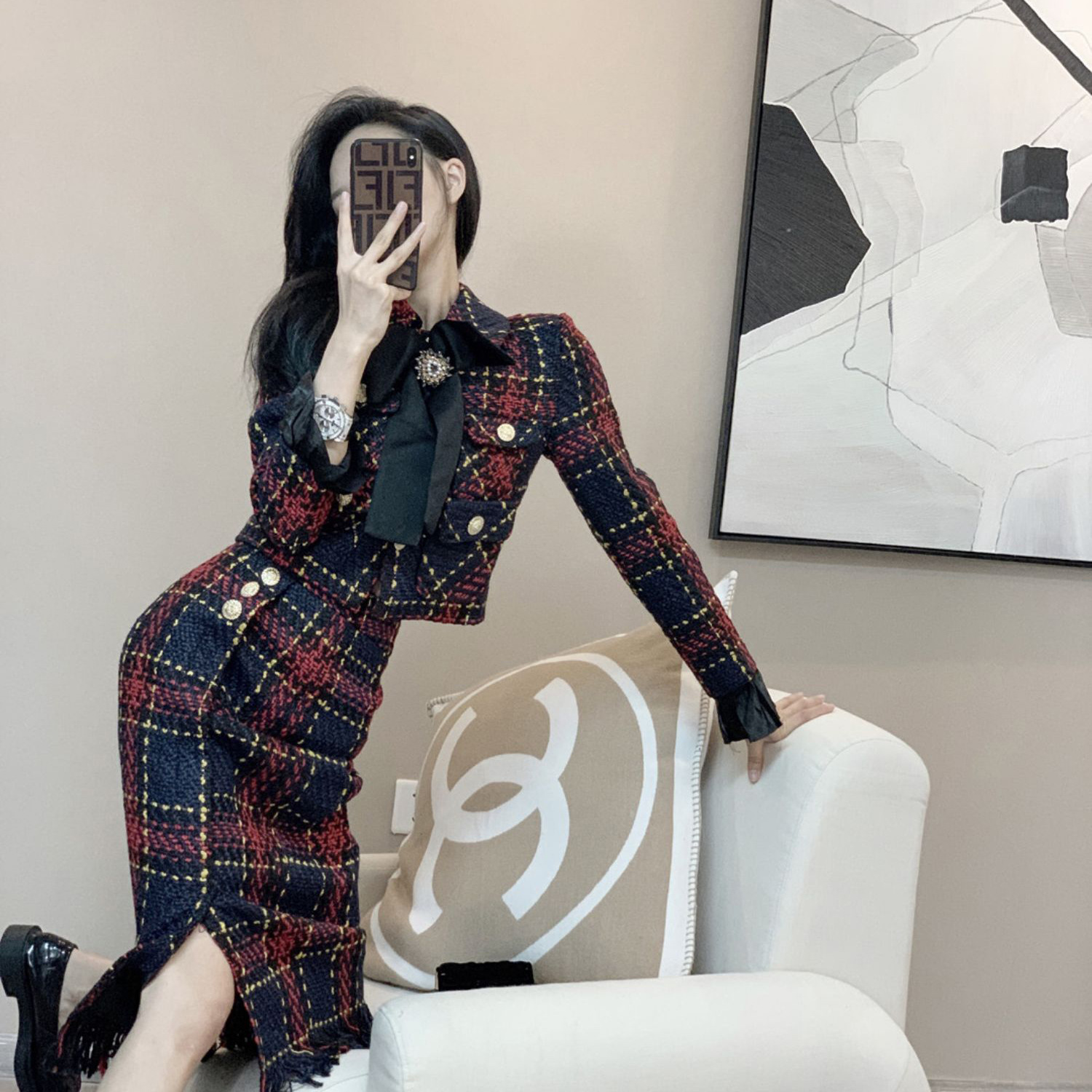 小香风港风复古chic气质粗花格子包臀裙两件套学院风毛呢两件套