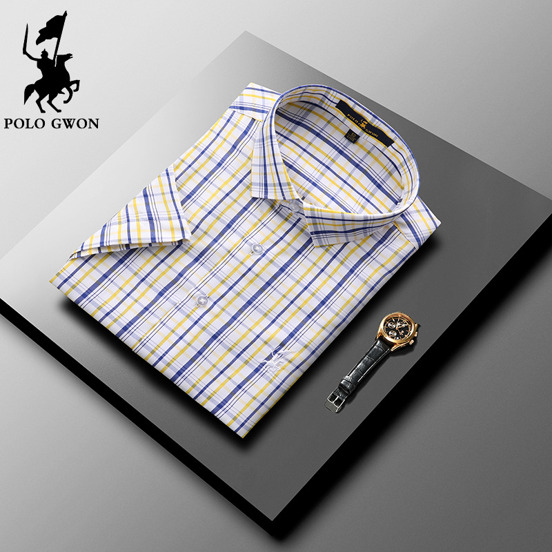 保罗pologwon男装 2022年夏季新款商务格子衬衫 短袖男士开衫衬衣
