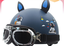 哈雷復古潮頭盔電動車成人男女式頭灰盔夏季可愛貓耳朵輕便帽