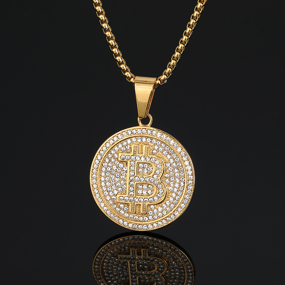欧美跨境电商源头工厂嘻哈朋克街头钛钢镀金比特币btc吊坠项链ins