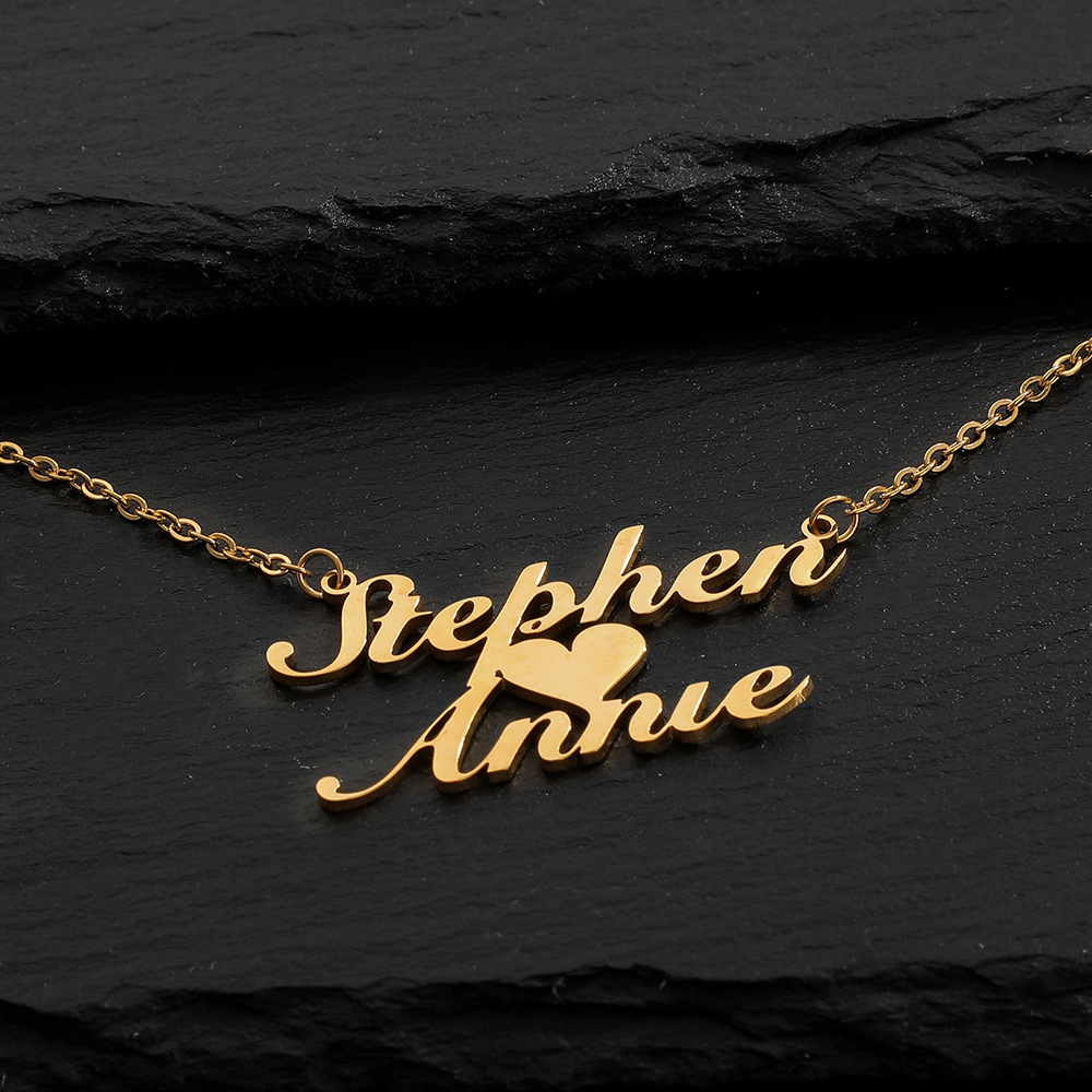 跨境潮流不锈钢切割项链钛钢个性英文字母名字刻字爱心吊坠锁骨链