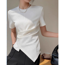 白色法式掐腰不规则短袖T恤女夏季2024年新款女装设计感收腰上衣