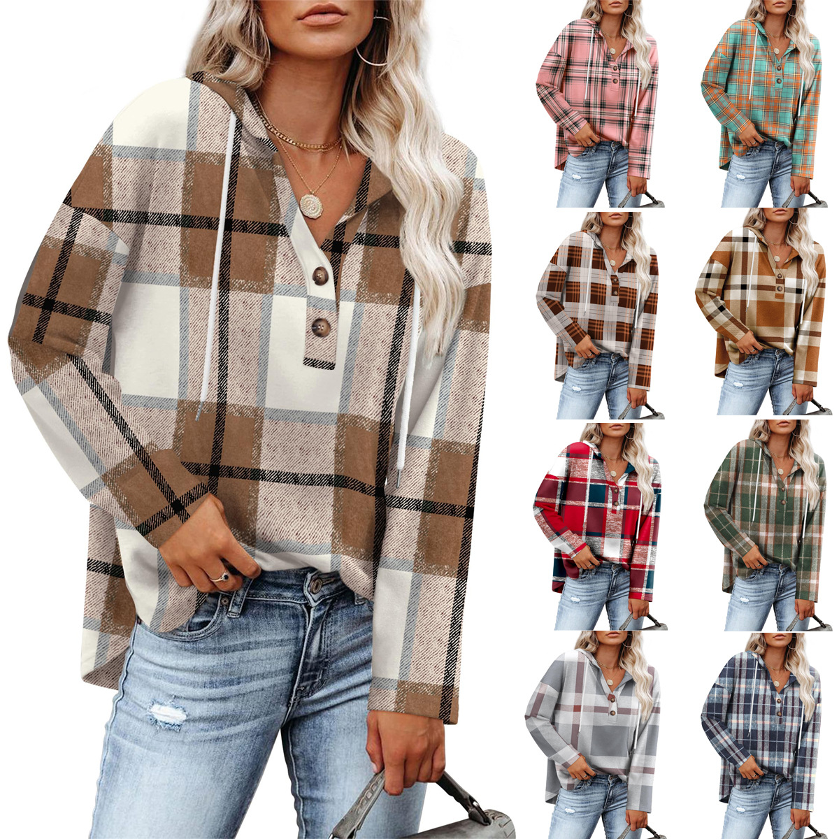 欧美跨境2025连帽套头衫V领法兰绒印花抽绳休闲格子长袖卫衣女