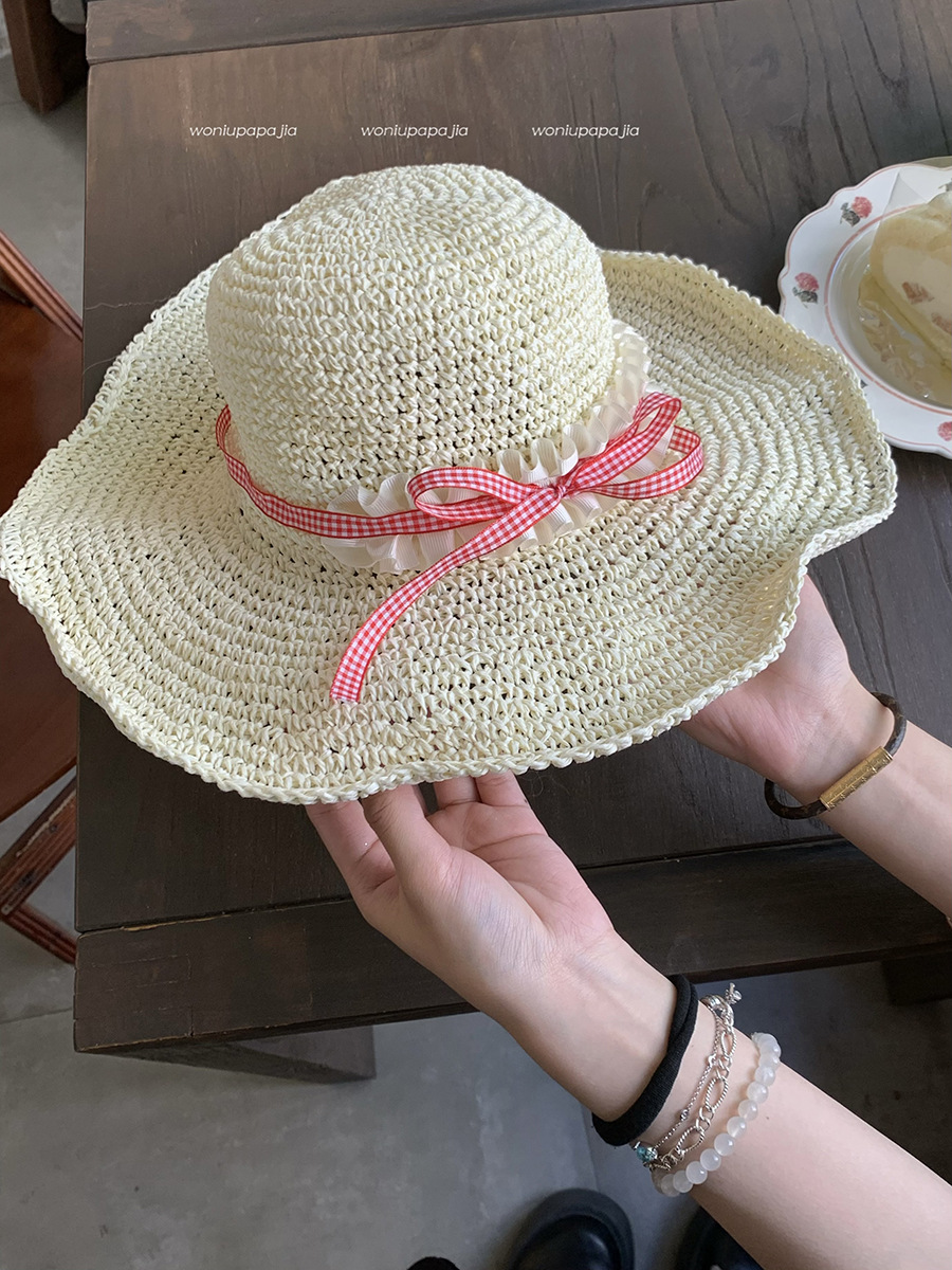 Straw Hat Women's Summer Outdoor Travel Vacation Seaside Beach Big Brim Bow Strap Fisherman Hat Straw Woven Sun Hat