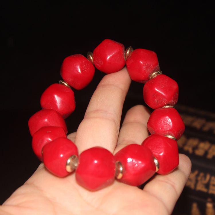 清代老琉璃八棱珠手链 朱砂红琉璃手串珠串手链批发 古玩文玩杂项