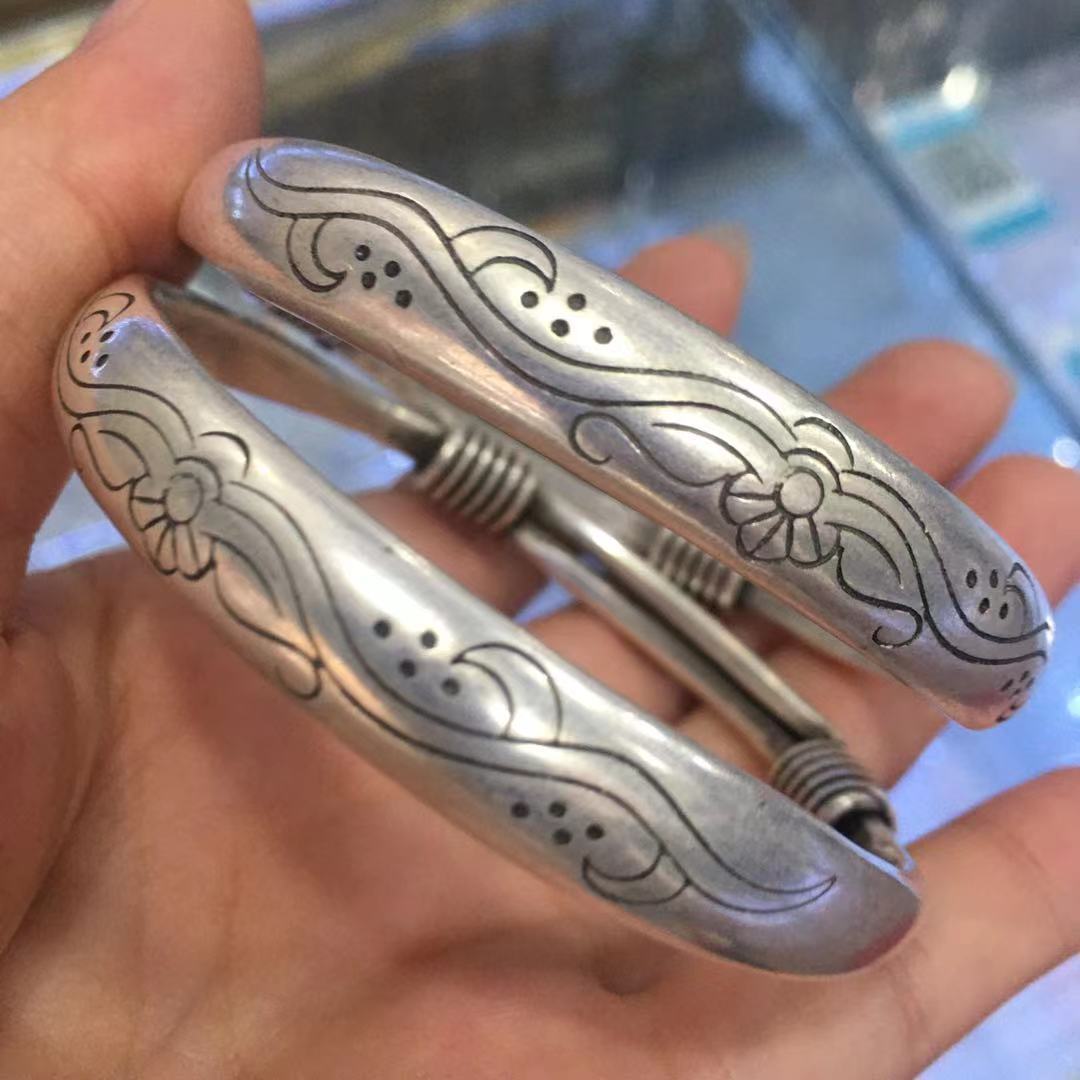藏银龙凤福字手镯 民族风雕花活口大小可调节藏银手镯 妈妈银手镯