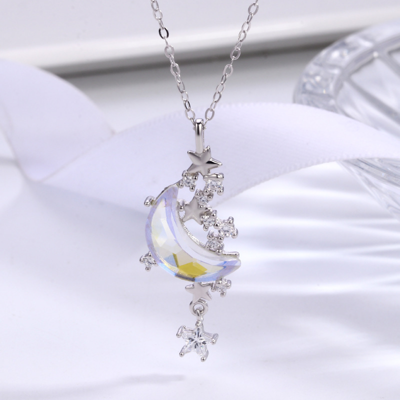 s925纯银月溅星河项链女轻奢幻彩小众设计感星星月亮月光石锁骨链