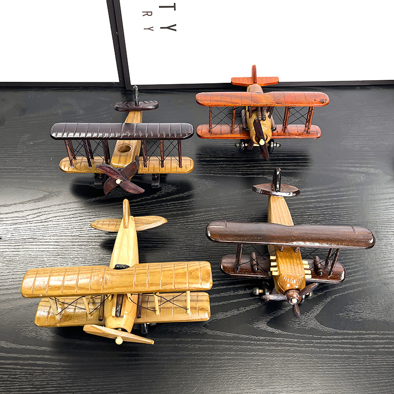 一战双翼复古飞机摆件战机模型木质仿真手工咖啡厅客厅书房装饰品