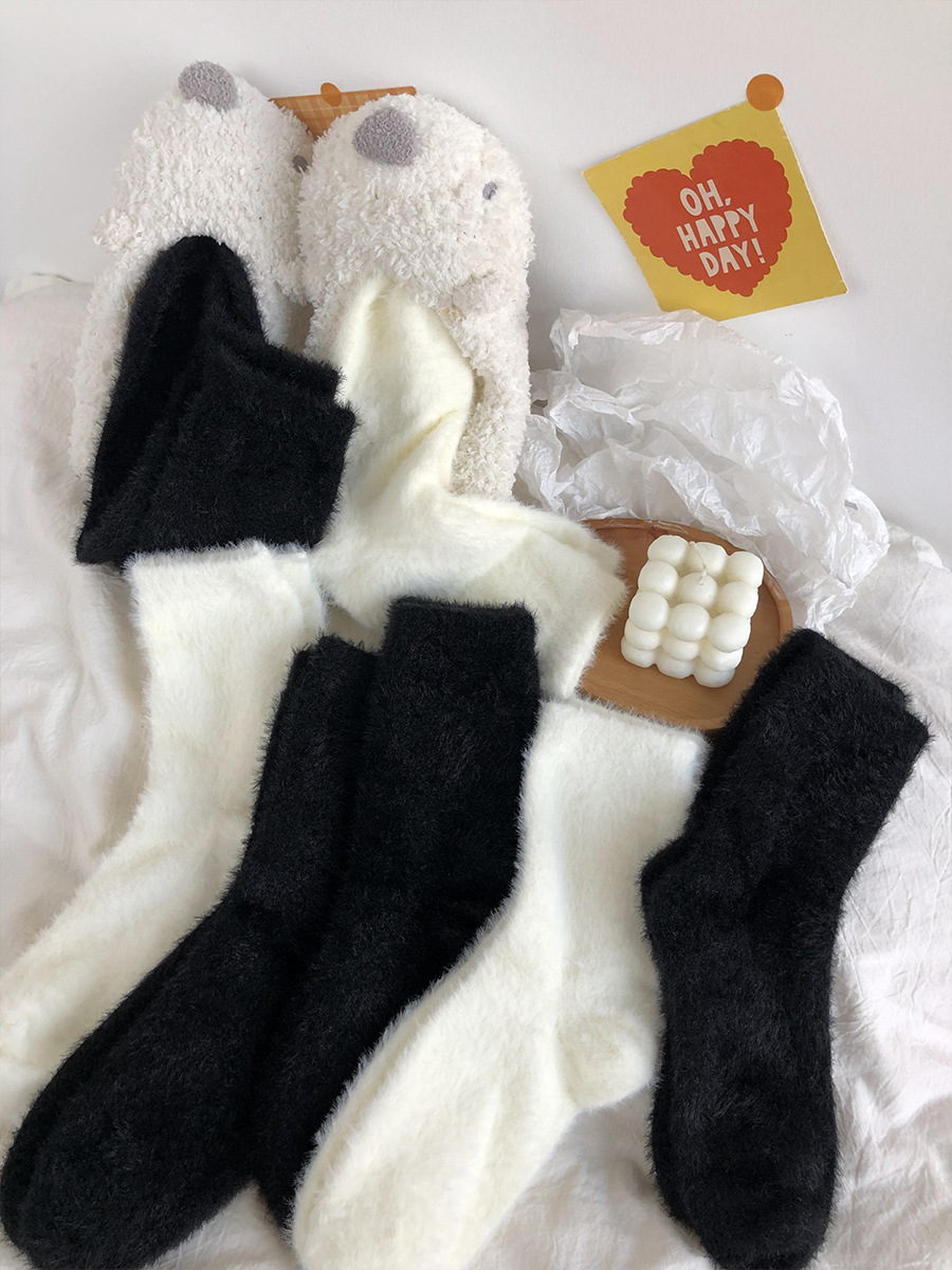 Mink Fur Socks Women's Mid-Calf Length Autumn and Winter Warm Velvet Padded Thickened Furry Black White Confinement Sleep Fluffy Socks