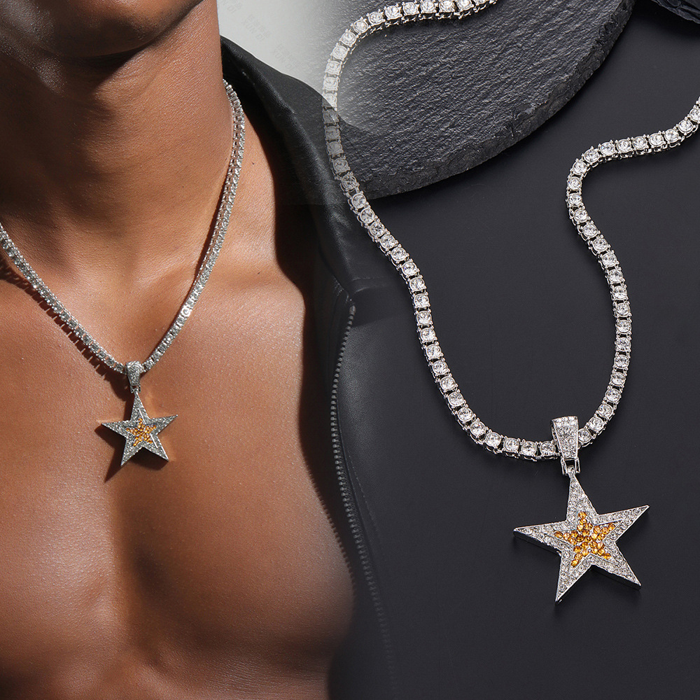 New Hip Hop Five-Pointed Star Color Necklace Pendant Alloy Diamond-Embedded Exquisite Fashion Star Pendant Amazon Exclusive
