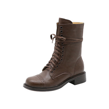 秋冬新款女鞋复古风棕色马丁靴侧拉链加绒低跟牛仔靴圆头时装短靴