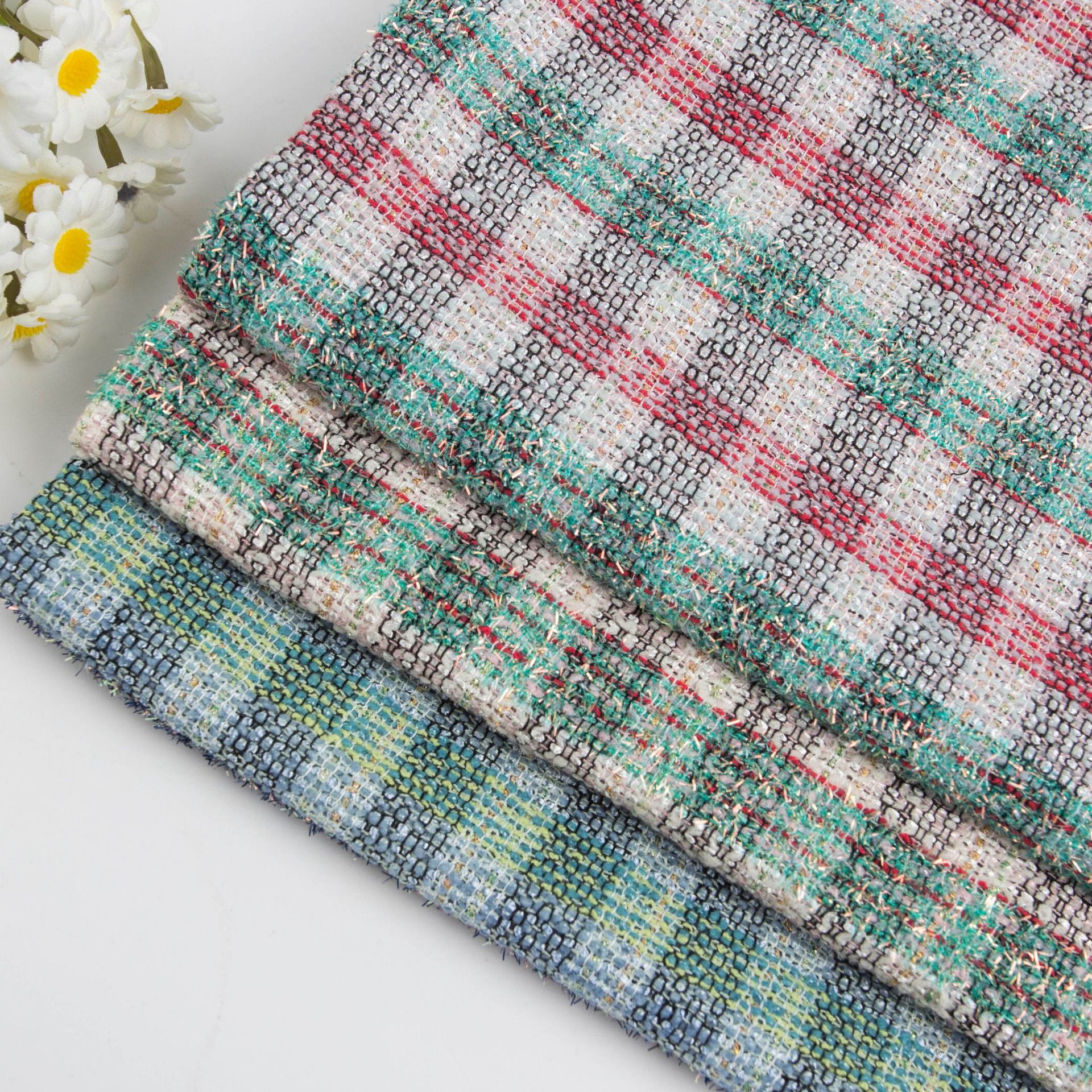 工厂现货小香风绞综格子彩条粗花呢面料时尚现代套装女士布料