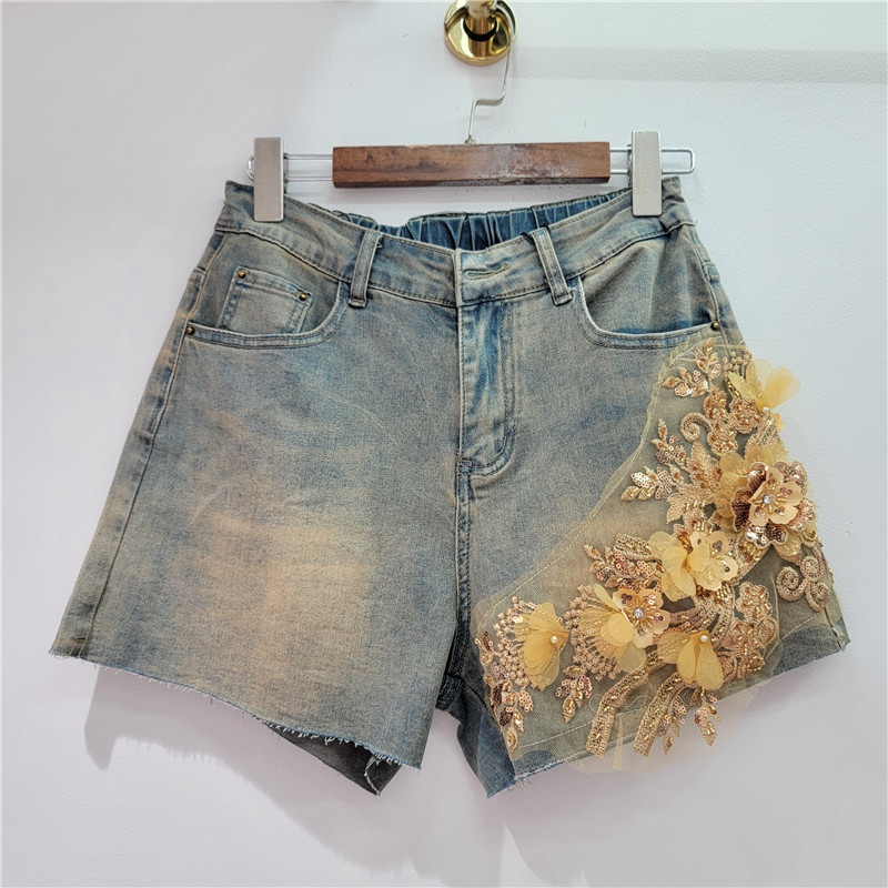 2024夏季新款设计感刺绣立体花直筒裤复古毛边弹力牛仔短裤女装