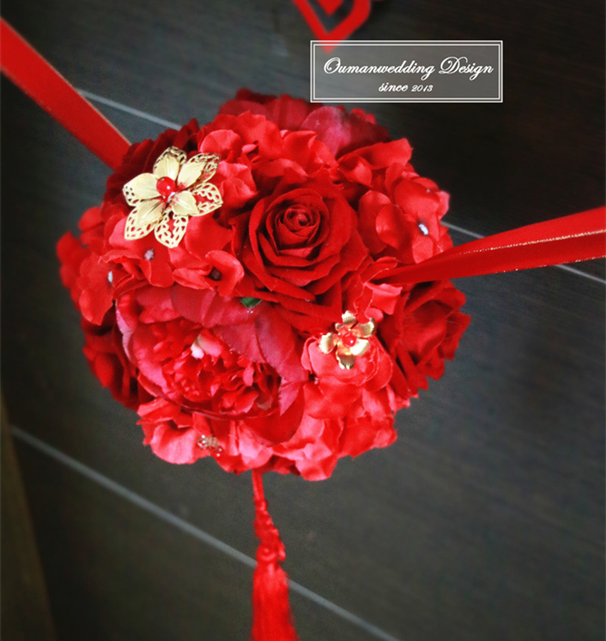 欧漫中式婚礼新娘diy潮褂裙风褂秀禾红金色玫瑰绣球拦门花球