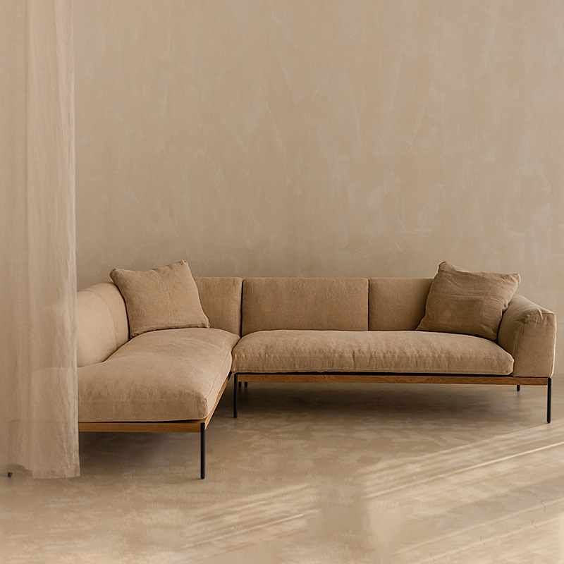 北欧侘寂风亚麻布艺沙发简约日式极简转角实木沙发组合客厅小户型