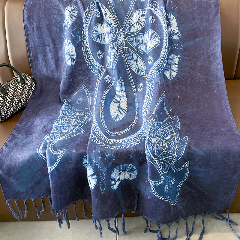 Spring and Autumn Cotton and Linen Feel Blue Batik Large Long Scarf Women's Scarf Shawl Dual-Use Summer Air-Conditioned Room Warm Tassel