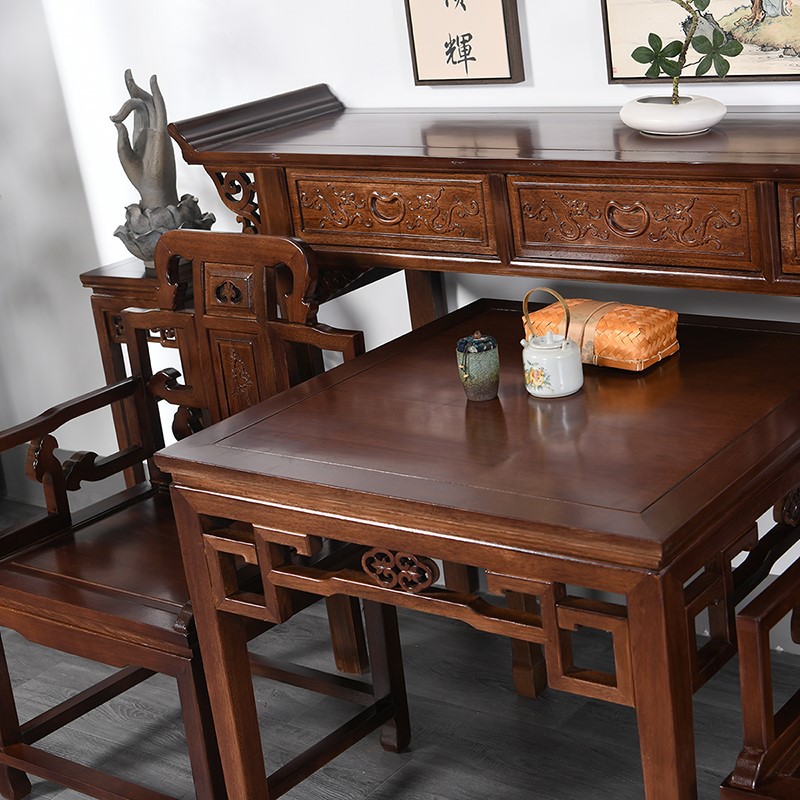 农村中堂六件套实木新中式供桌条案佛台八仙桌仿古堂屋家具老榆木