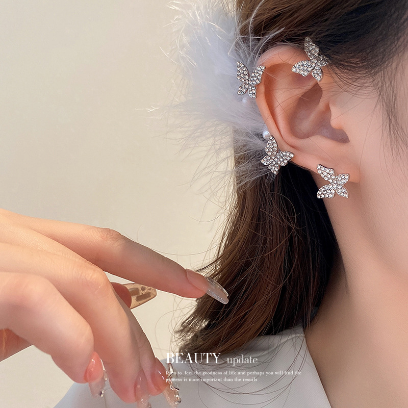 Super Fairy High-Grade Diamond Bow Feather Earrings Niche Fashion Design Earrings Personalized Earrings Wholesale Female