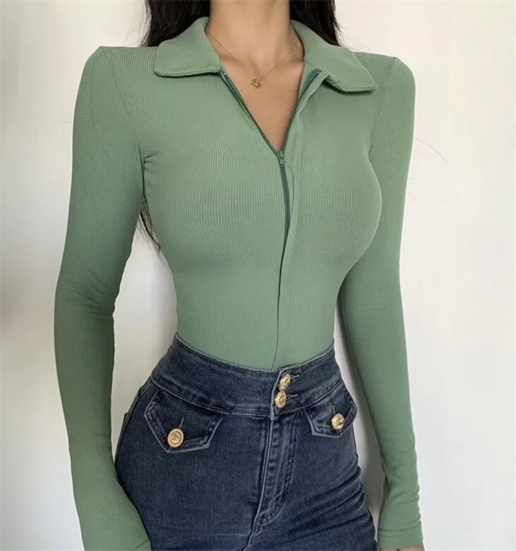 大翻领磨毛紧身连体衣欧美风女装弹力紧身拉链开档连体裤潮