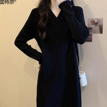 大码女装2024春秋新款胖遮肚显瘦中长款慵懒毛衣针织打底连衣裙图