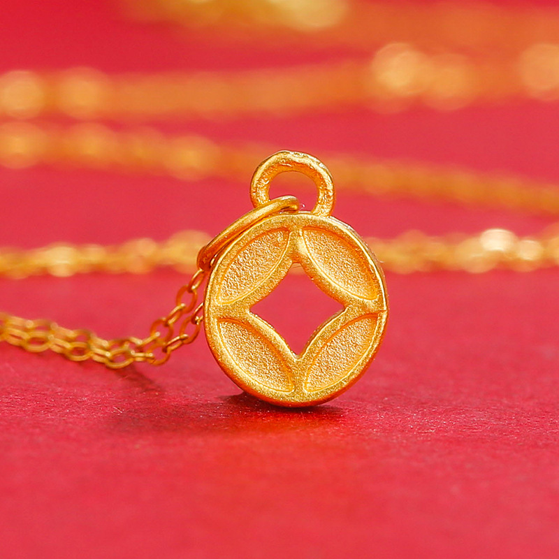 999足金钱币吊坠黄金项链饰品3d硬金镂空金钱币diy配饰千足金吊坠
