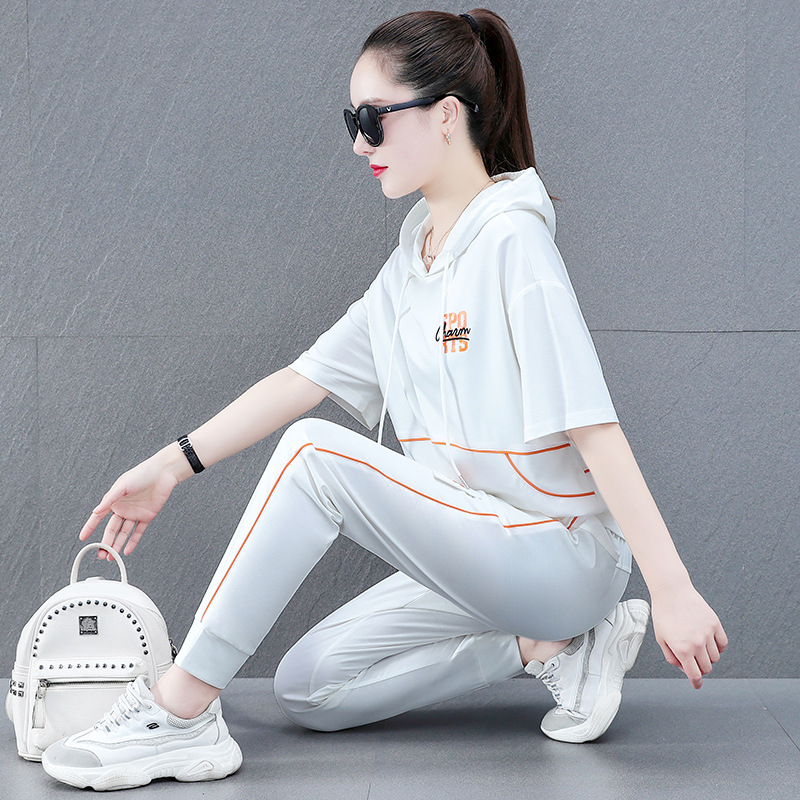 哈伦卫衣套装女夏季薄连帽宽松运动服女士短袖长裤休闲时尚两件套