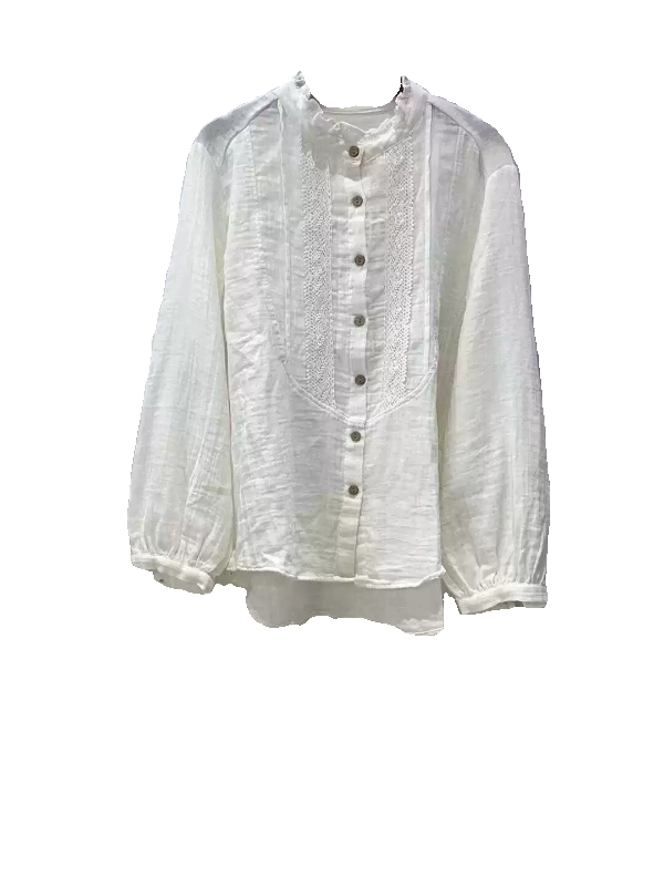 18376木耳花边领刺绣双层棉纱长袖白衬衫灯笼袖单排扣T恤防晒开衫