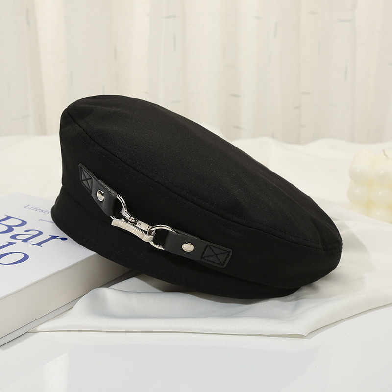 韩版黑色皮扣贝雷帽女春秋网红同款帽子英伦画家帽蓓蕾帽现货批发