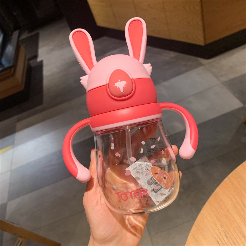 Children's Cute Cartoon Plastic Cup Ins Summer Simplicity Portable Crossbody Cup with Straw Baby Learns to Drink with Handle