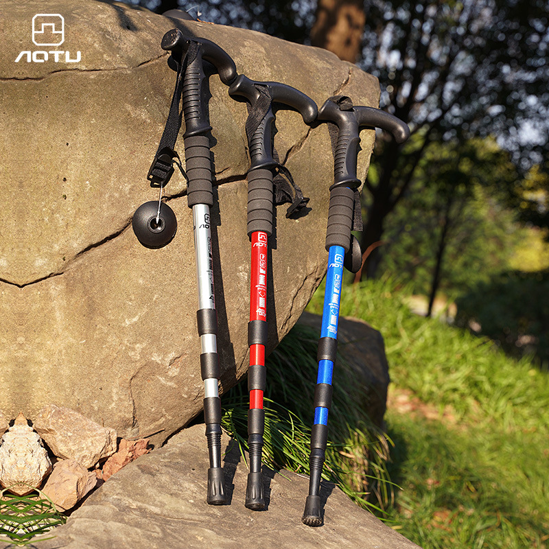 户外爬山多功能女款行山超轻伸缩男登山杖防滑折叠t型柄棍儿童铝