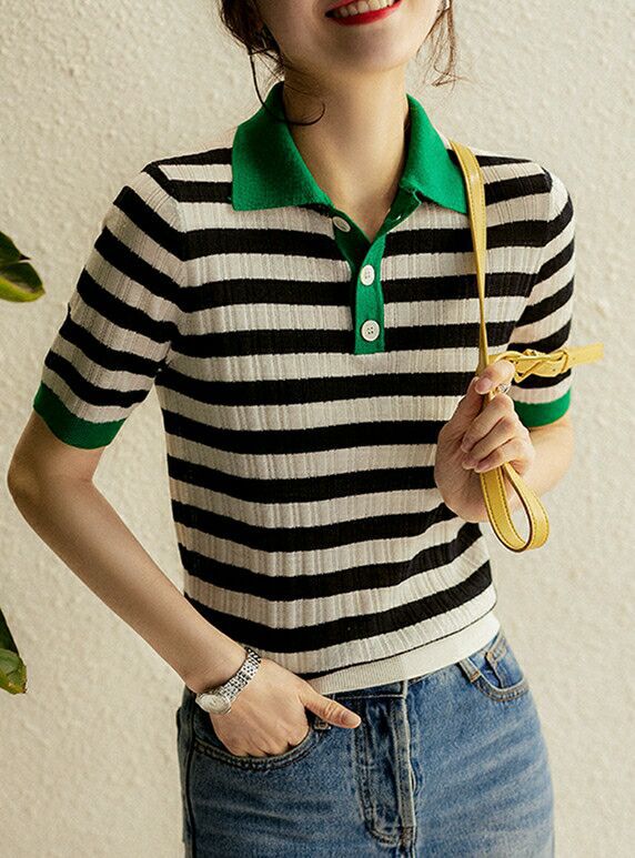 欧货夏季复古撞色条纹针织polo衫女薄款韩版百搭减龄短袖休闲t恤